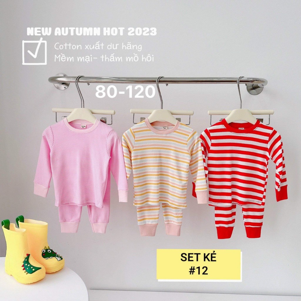 Sét 3 bộ đồ dài kẻ cho bé trai, bé gái , chất cottong siêu đẹp , size 8-16kg Trang Xô Kids