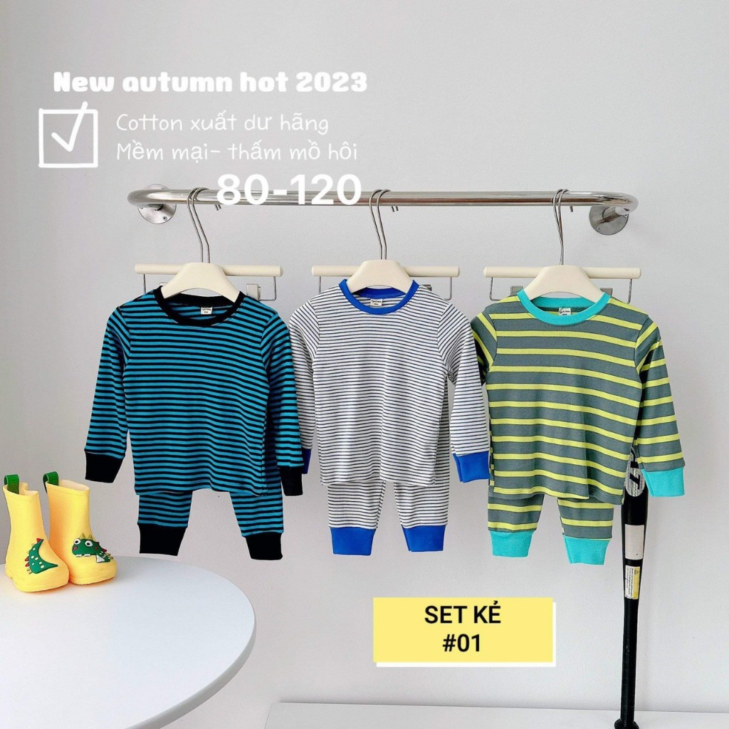 Sét 3 bộ đồ dài kẻ cho bé trai, bé gái , chất cottong siêu đẹp , size 8-16kg Trang Xô Kids