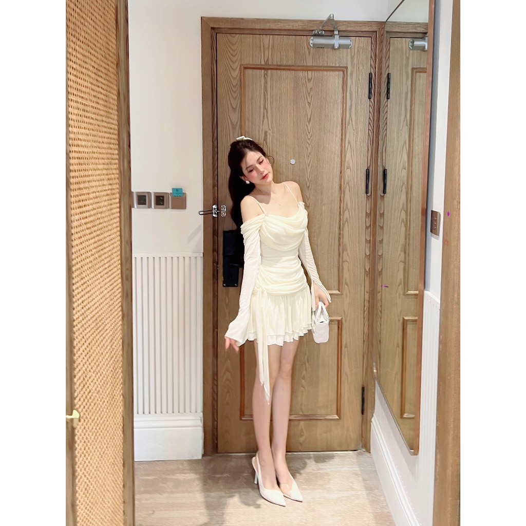 Váy Trễ Vai Dài Tay Dáng Ngắn Đầm Đẹp Thun Nhún Kèm Tag Đá_LERIN V466