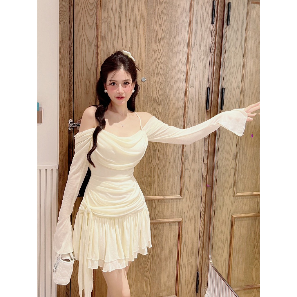 Váy Trễ Vai Dài Tay Dáng Ngắn Đầm Đẹp Thun Nhún Kèm Tag Đá_LERIN V466