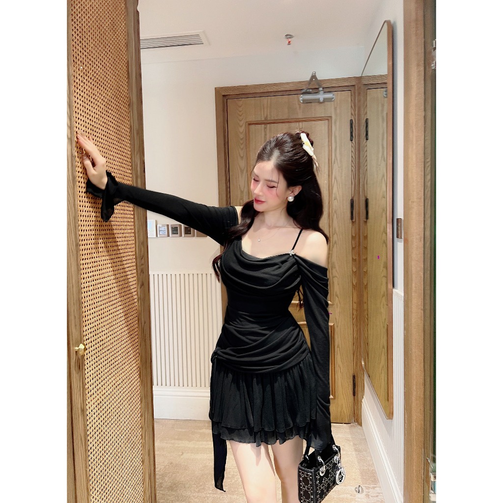 Váy Trễ Vai Dài Tay Dáng Ngắn Đầm Đẹp Thun Nhún Kèm Tag Đá_LERIN V466