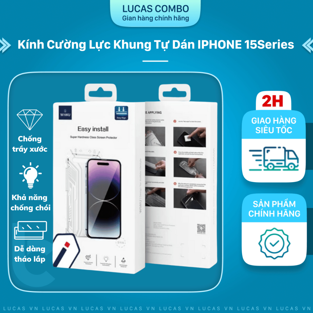 Kính Cường Lực Kèm Khung Tự Dán Cho IPHONE 15 Pro/ Pro Max WIWU Easy Install Chống Trầy Xước, Có Lưới Bảo Vệ Màng Loa