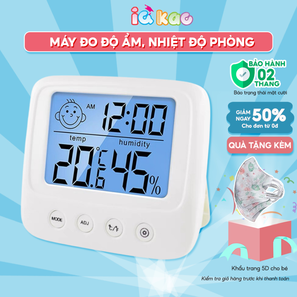 Nhiệt kế điện tử đo phòng cho bé, 3 trong 1 đo nhiệt độ, độ ẩm và xem giờ đa năng, tiện dụng IQ Kao