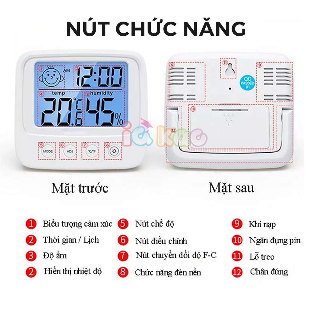 Nhiệt kế điện tử đo phòng cho bé, 3 trong 1 đo nhiệt độ, độ ẩm và xem giờ đa năng, tiện dụng IQ Kao