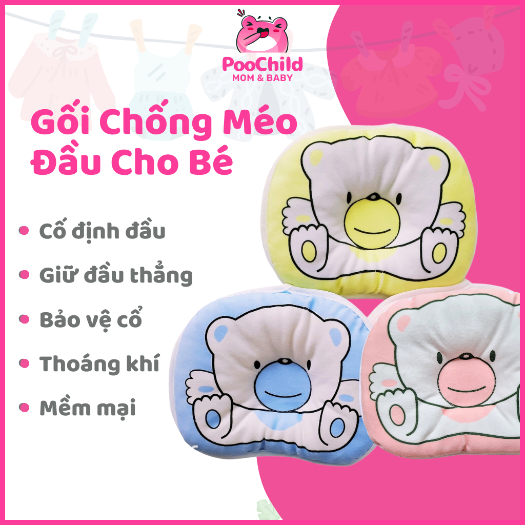 Gối cho bé sơ sinh chống bẹp đầu PooChild hình gấu gối chống méo đầu cho