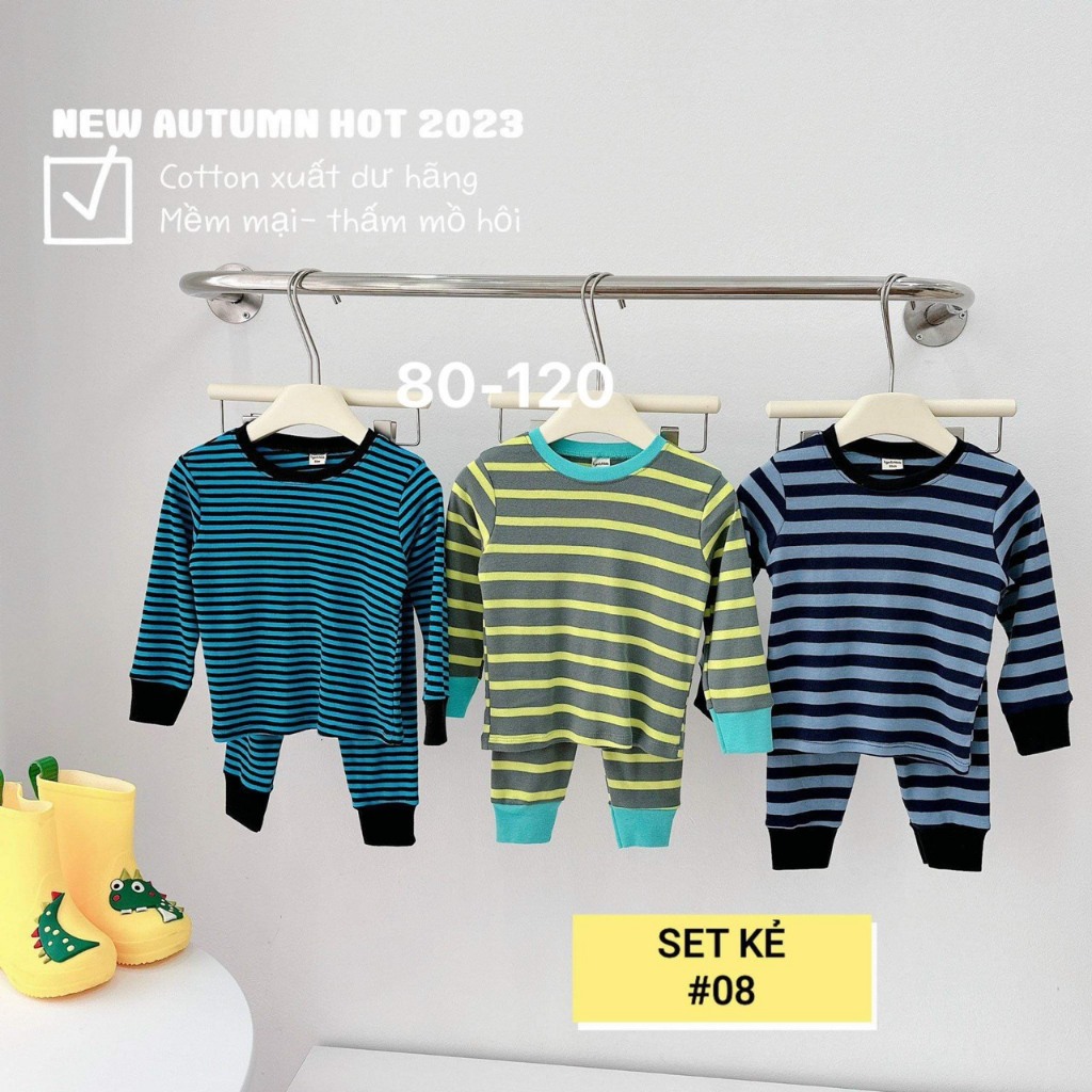 Sét 3 bộ đồ dài kẻ cho bé trai, bé gái , chất cottong siêu đẹp , size 8-16kg Trang Xô Kids