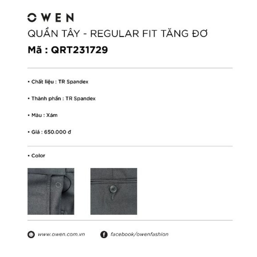 Quần âu tây nam công sở cao cấp OWEN QRT231729 dáng regular fit màu xám trơn vải polyester mềm mát