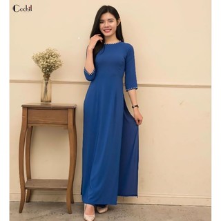 Bộ áo dài lụa nhật trơn đính ngọc