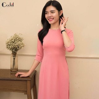 Bộ áo dài lụa nhật trơn đính ngọc