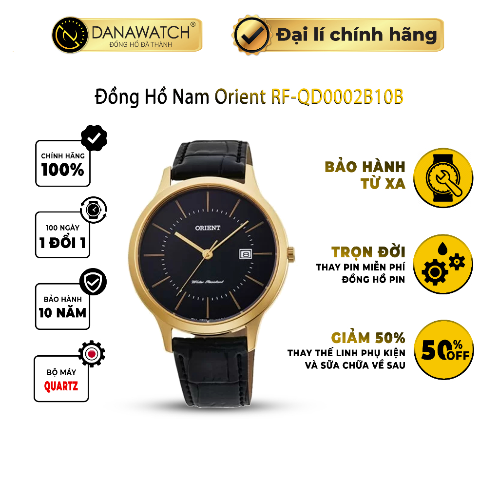 Đồng hồ nam Orient RF-QD0002B10B mặt số màu đen bộ kim đầu vuông mạ vàng thiết kế đơn giản sang trọng