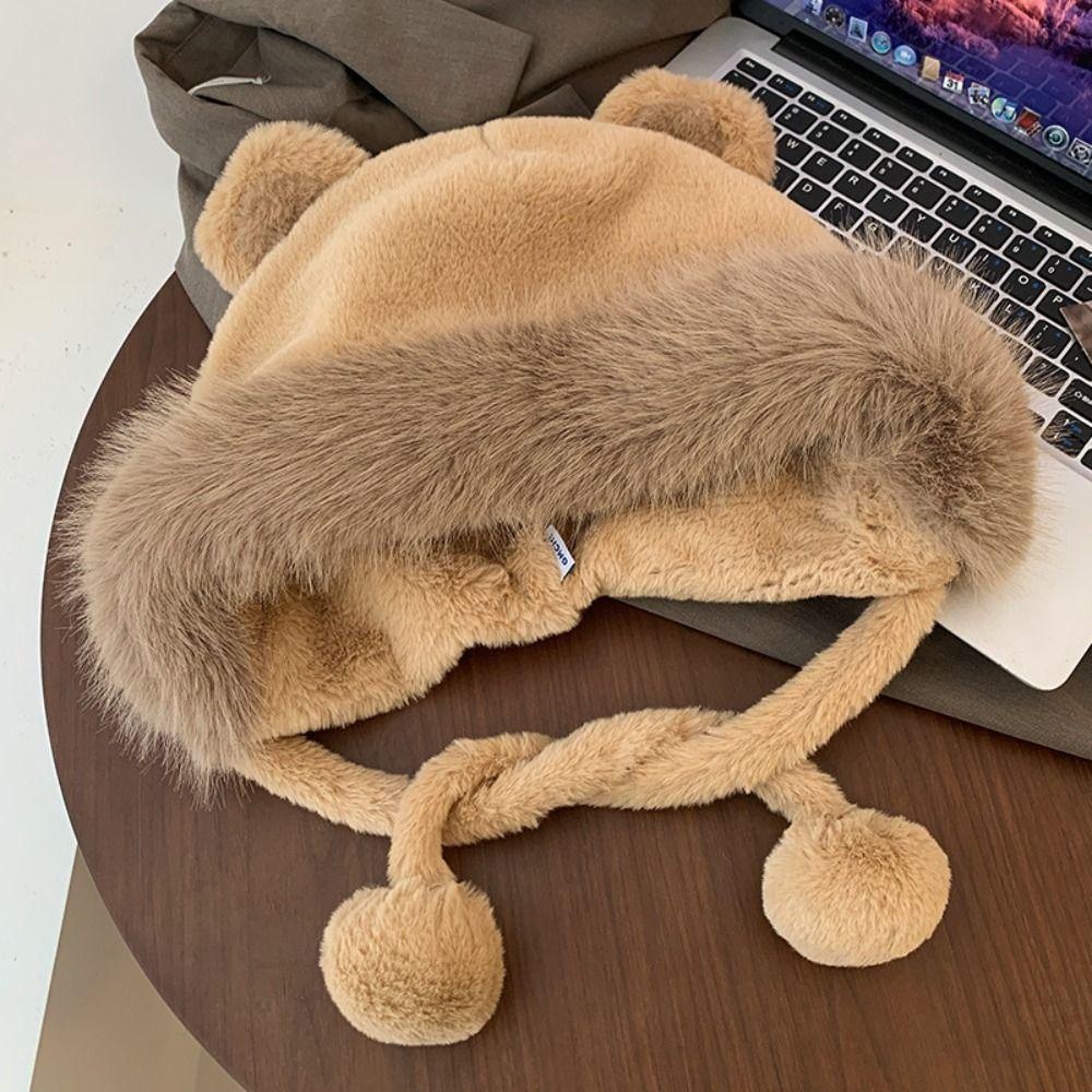 Mũ Len Lông Cừu Dày Dặn Bảo Vệ Tai Họa Tiết Gấu Dễ Thương Dành Cho Nữ