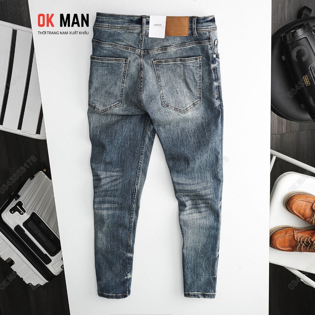 Quần jean nam slimfit OKMAN màu xanh dơ co giãn tốt 23689