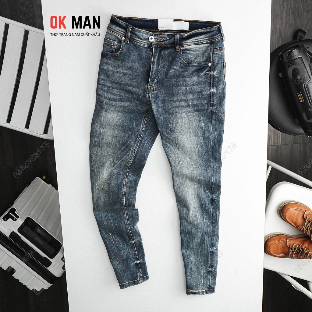 Quần jean nam slimfit OKMAN màu xanh dơ co giãn tốt 23689