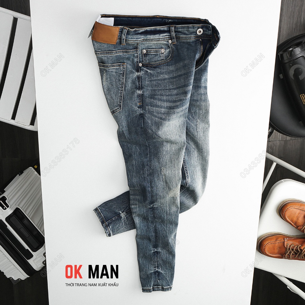 Quần jean nam slimfit OKMAN màu xanh dơ co giãn tốt 23689