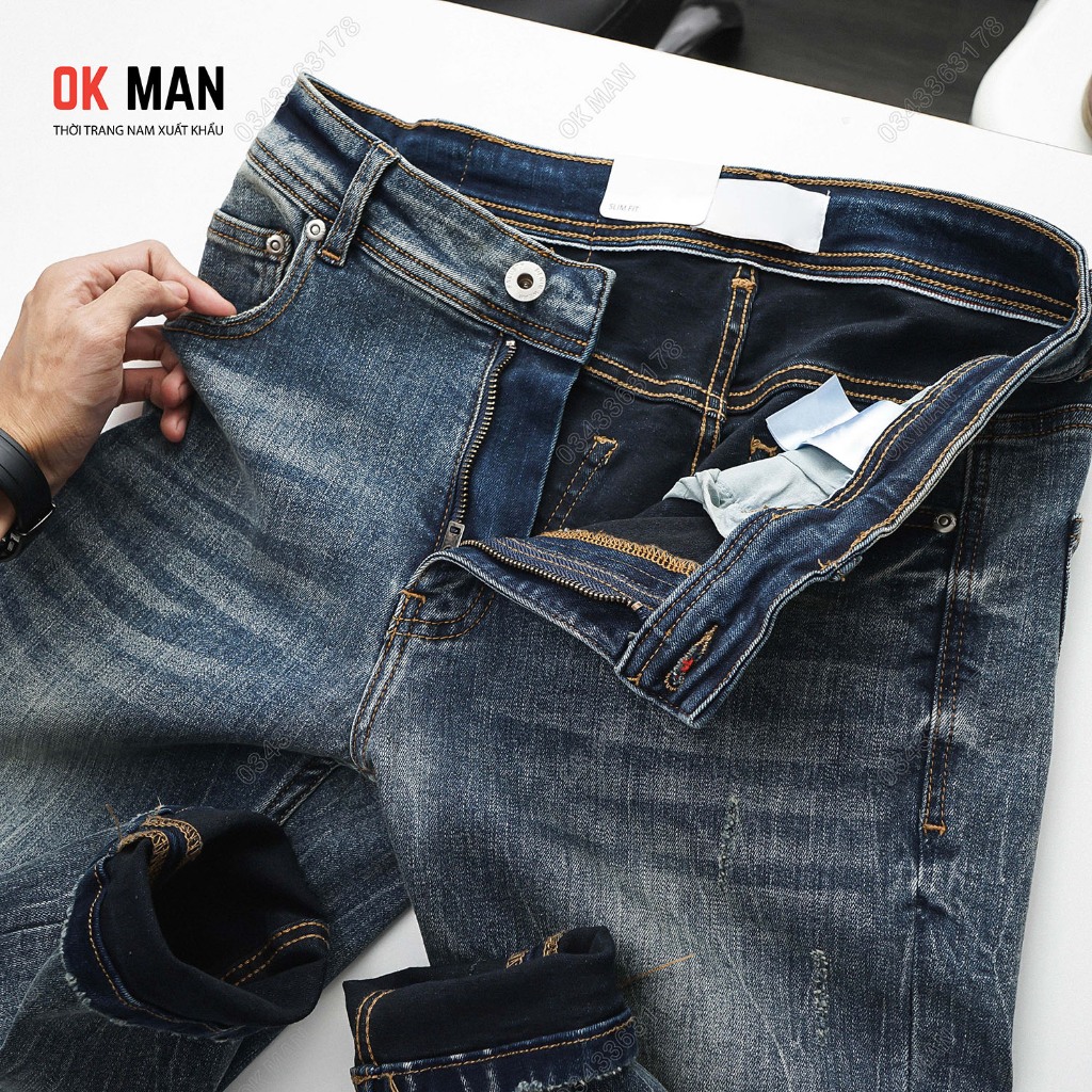 Quần jean nam slimfit OKMAN màu xanh dơ co giãn tốt 23689