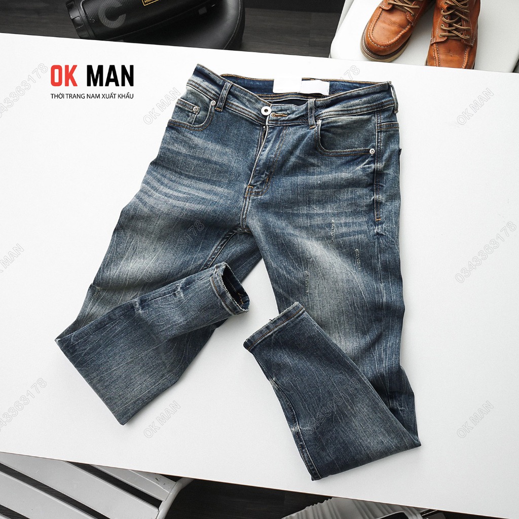 Quần jean nam slimfit OKMAN màu xanh dơ co giãn tốt 23689