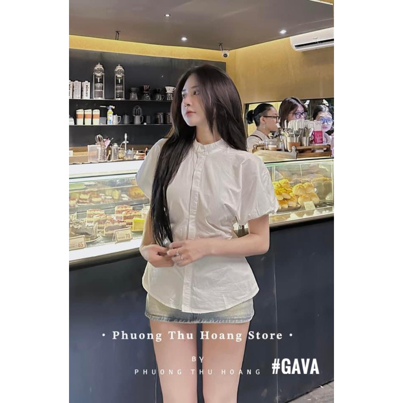 Sơ mi tay bồng cổ tàu rút eo Gava