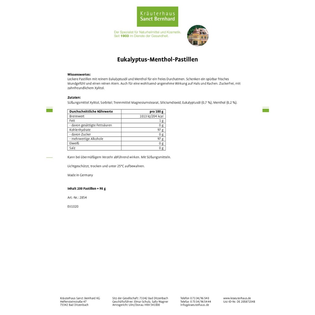 Kẹo ngậm ho, thông cổ, sạch họng thơm miệng Sanct Berhard Menthol hương bạc hà và khuynh diệp của Đức