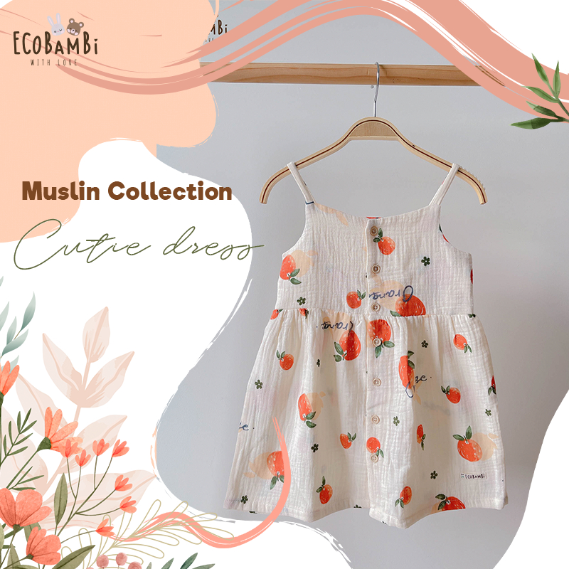 Đầm xoè 2 dây cotton muslin in hoạ tiết dễ thương cho bé gái Ecobambi