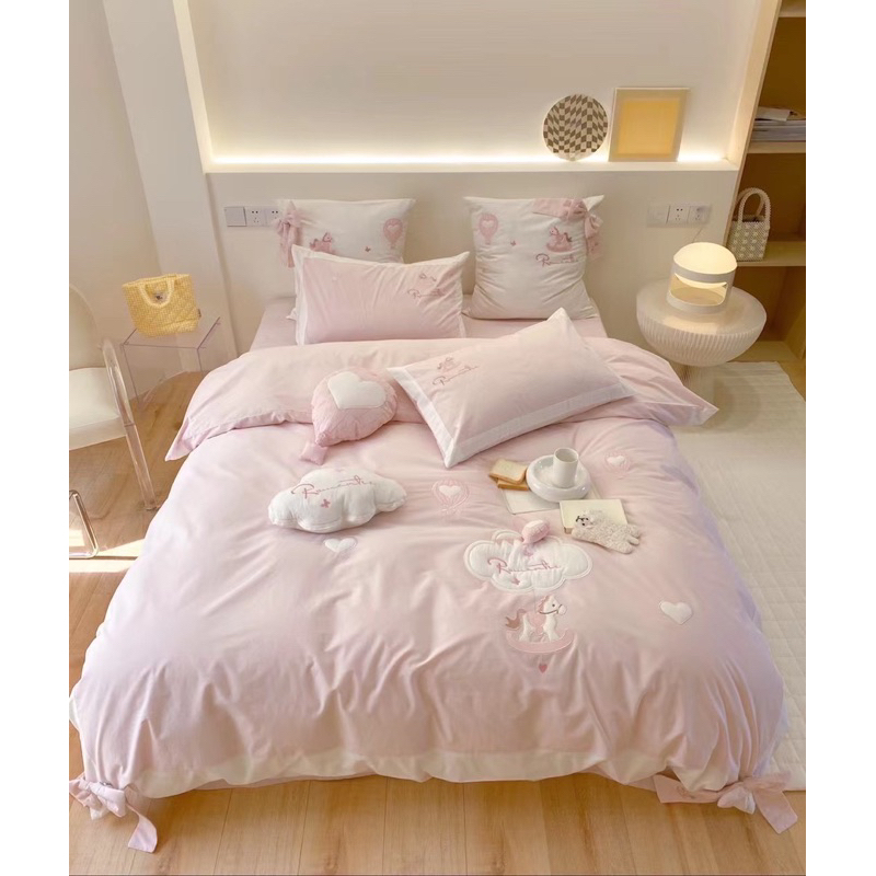 Set Chăn Ga Gối Cotton Line Thêu “ Ngựa Pony hồng” (Set 5 món )