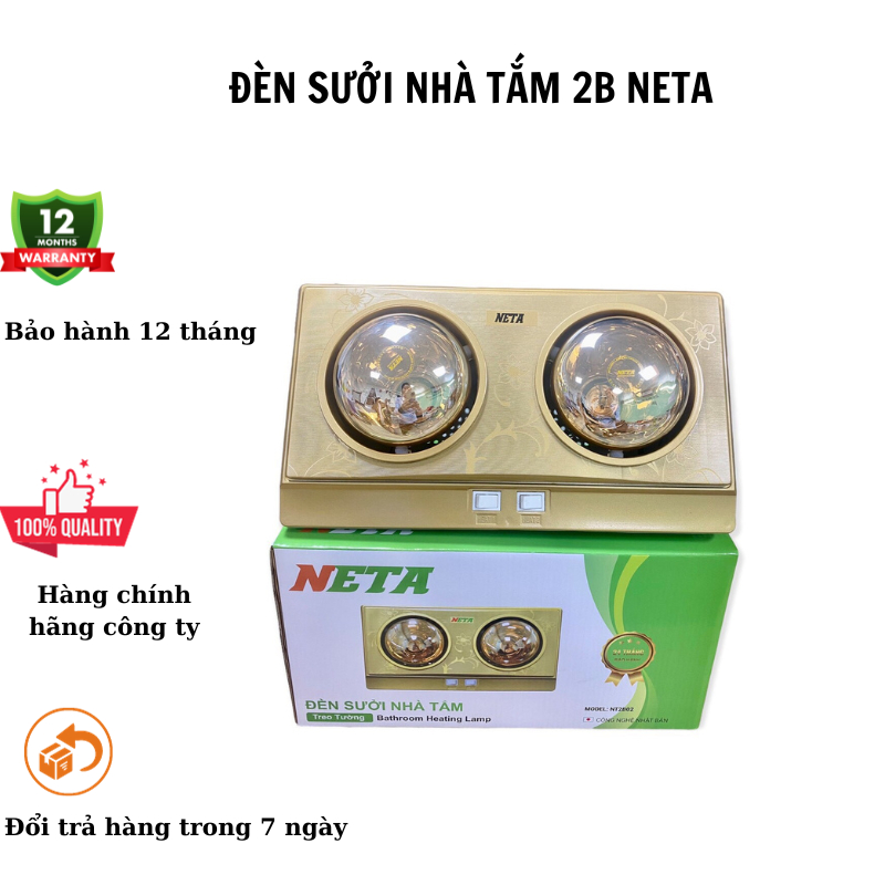{ HÀNG CHÍNH HÃNG } Đèn sưởi nhà tăm 2 bóng thẳng Neta, Đui sứ, dây chống giật, bảo hánh 12 tháng-đèn sưởi nhà tắm