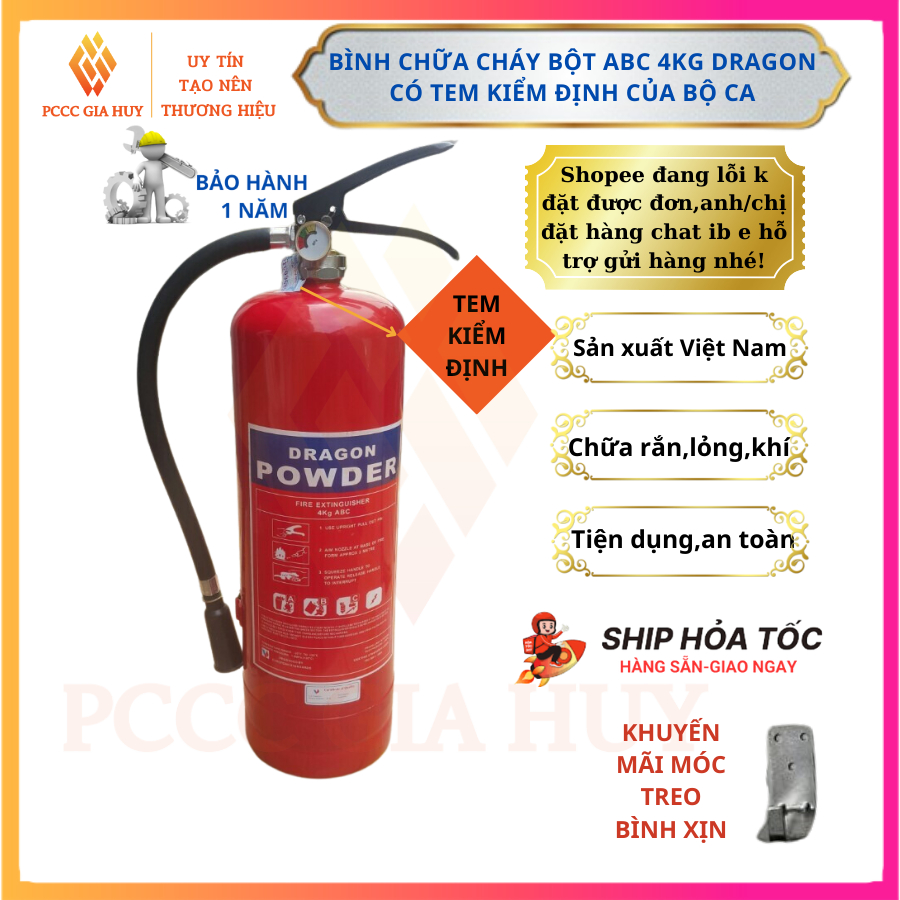 Bình Chữa Cháy, bình cứu hoả có tem kiểm định  bột ABC 4kg, chính hãng DRAGON