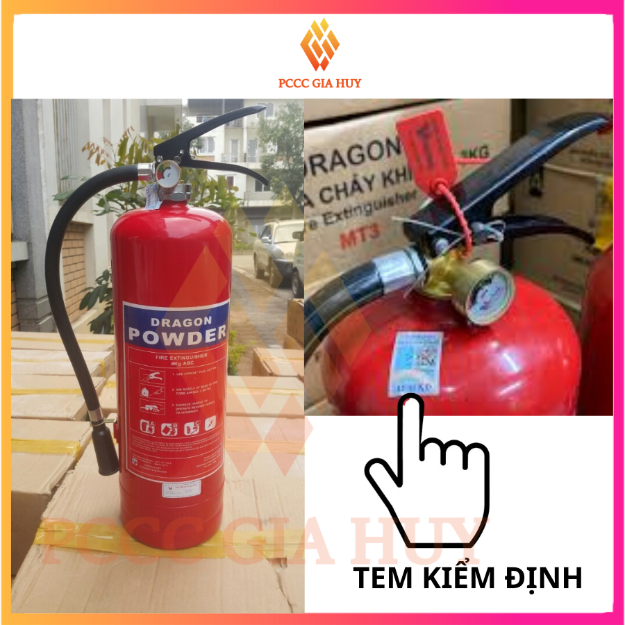 Bình Chữa Cháy, bình cứu hoả có tem kiểm định  bột ABC 4kg, chính hãng DRAGON