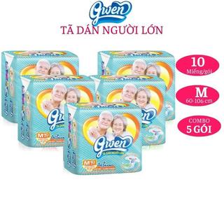 (Combo 5 gói) Tã dán người lớn Gwen size M 10 miếng Bỉm người già người bệnh siêu thấm khô thoáng chống hăm khử mùi