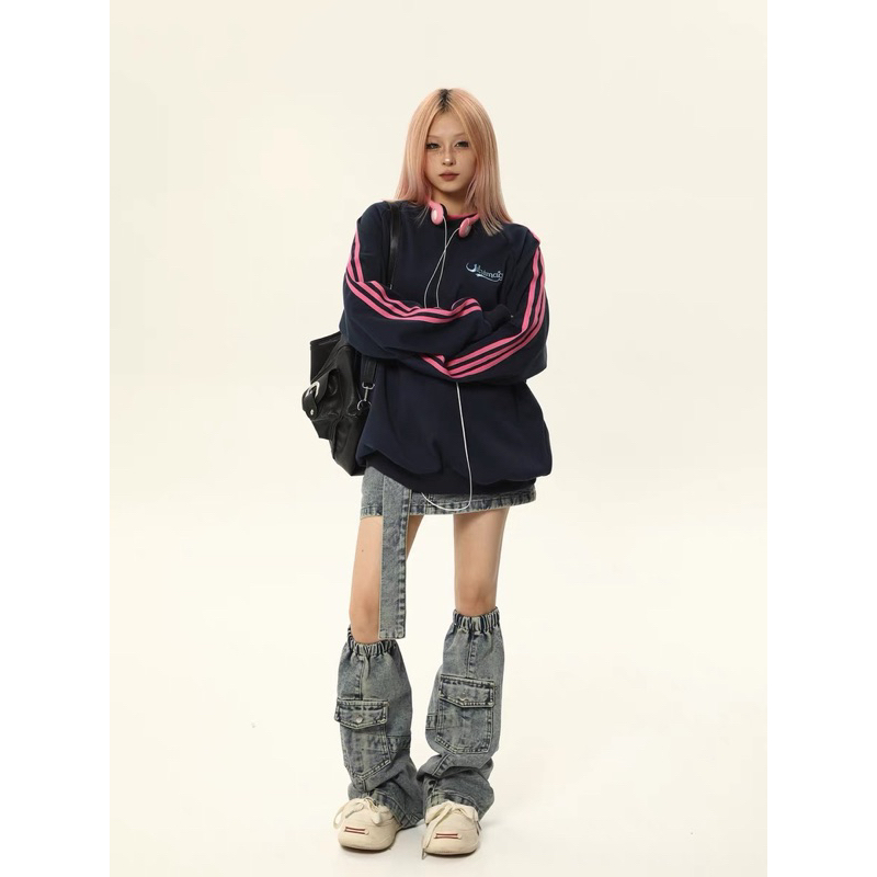 Áo thun Blockcore Jitly thời trang nam nữ hoạ tiết kẻ sọc chất cotton lót nhung dày dặn Áo sweater 2023