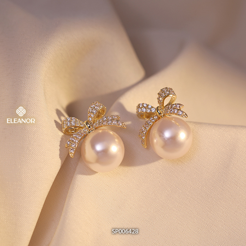 Bông tai nữ chuôi bạc 925 Eleanor Accessories hình nơ đính đá ngọc trai nhân tạo phụ kiện trang sức cô dâu 6428