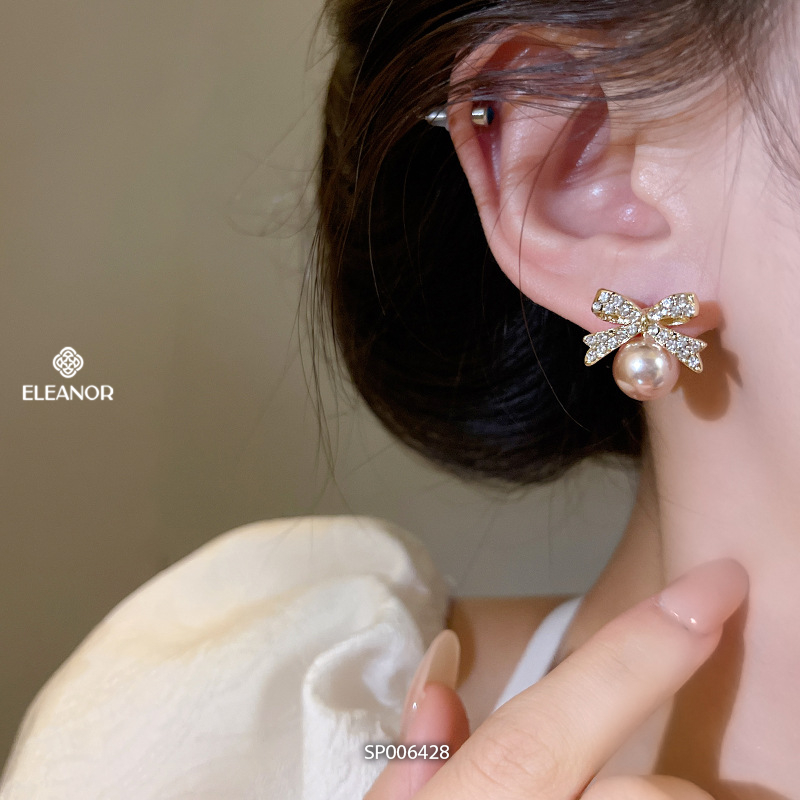 Bông tai nữ chuôi bạc 925 Eleanor Accessories hình nơ đính đá ngọc trai nhân tạo phụ kiện trang sức cô dâu 6428