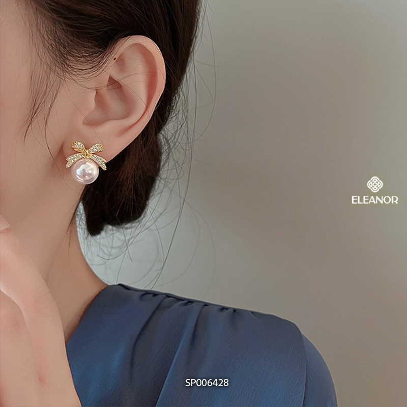 Bông tai nữ chuôi bạc 925 Eleanor Accessories hình nơ đính đá ngọc trai nhân tạo phụ kiện trang sức cô dâu 6428