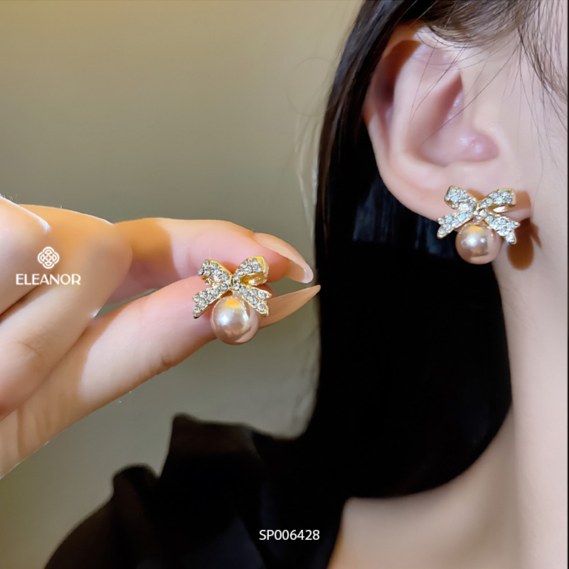 Bông tai nữ chuôi bạc 925 Eleanor Accessories hình nơ đính đá ngọc trai nhân tạo phụ kiện trang sức cô dâu 6428