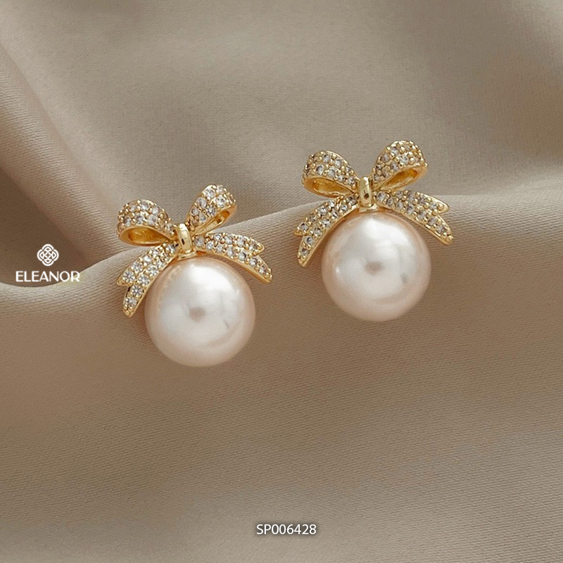 Bông tai nữ chuôi bạc 925 Eleanor Accessories hình nơ đính đá ngọc trai nhân tạo phụ kiện trang sức cô dâu 6428