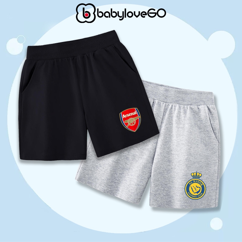 Quần đùi bé trai BabyloveGO mẫu mới 2024 quần short cho bé cạp chun chất thun da cá co giãn in hình đội bóng