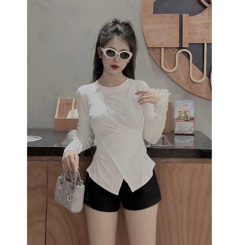 Áo Thun Nữ Xoắn Eo Tay DÀI, Áo thun nữ tay dài trơn xoắn eo