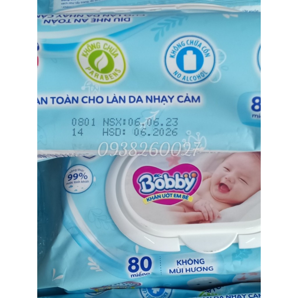 Khăn ướt Bobby không mùi 100 tờ và 80 tờ