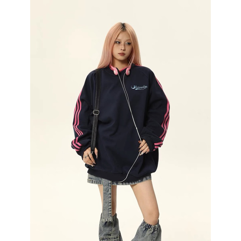 Áo thun Blockcore Jitly thời trang nam nữ hoạ tiết kẻ sọc chất cotton lót nhung dày dặn Áo sweater 2023