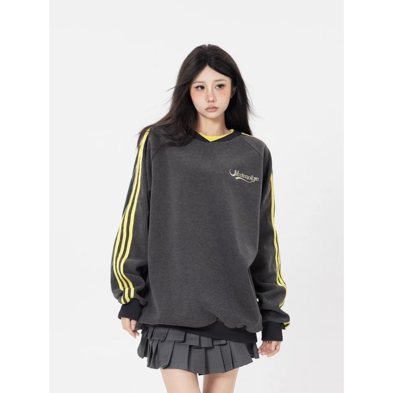 Áo thun Blockcore Jitly thời trang nam nữ hoạ tiết kẻ sọc chất cotton lót nhung dày dặn Áo sweater 2023