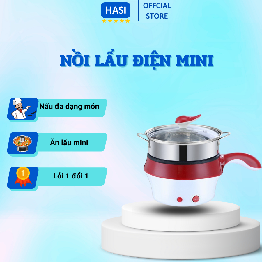 Nồi Lẩu Điện Mini Đa Năng Size 18cm, Ca Nấu Mì Hai Tầng Kèm Giá Hấp Có Tay Cầm Công Suất 300W Nhỏ Gọn Tiện Lợi