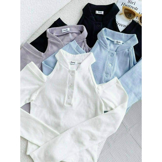 Áo sơ mi cổ yếm khoét vai, Áo croptop nữ yếm dài tay cổ trụ ba nút 9uubb