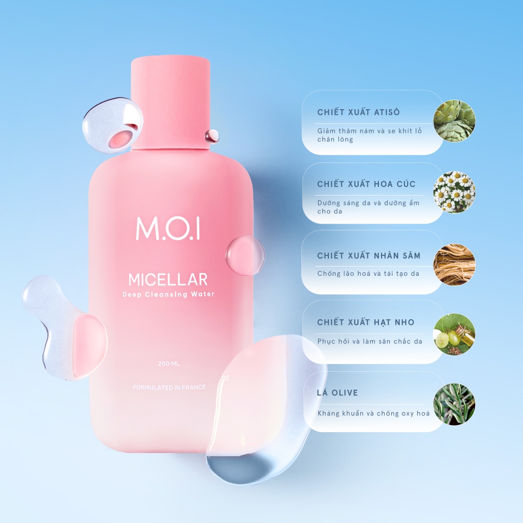 Nước tẩy trang M.O.I Micellar Deep Cleansing Water sạch sâu dịu nhẹ 250ml