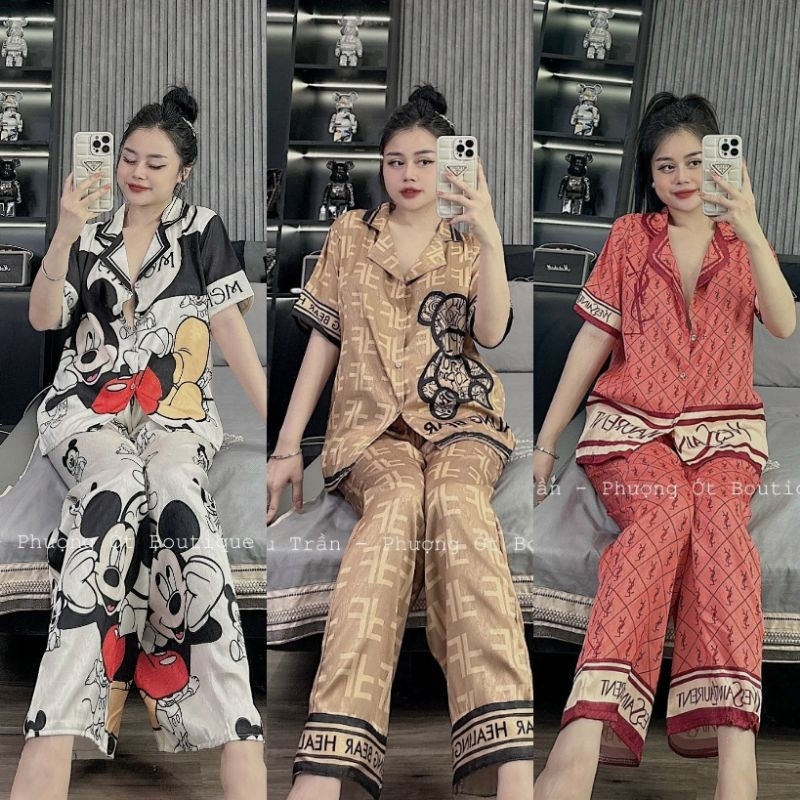 Đồ bộ nữ pijama lụa xước cao cấp mặc nhà tay ngắn siêu cute dễ thương thiết kế in 5D sắc nét vải lụa mềm mịn mát