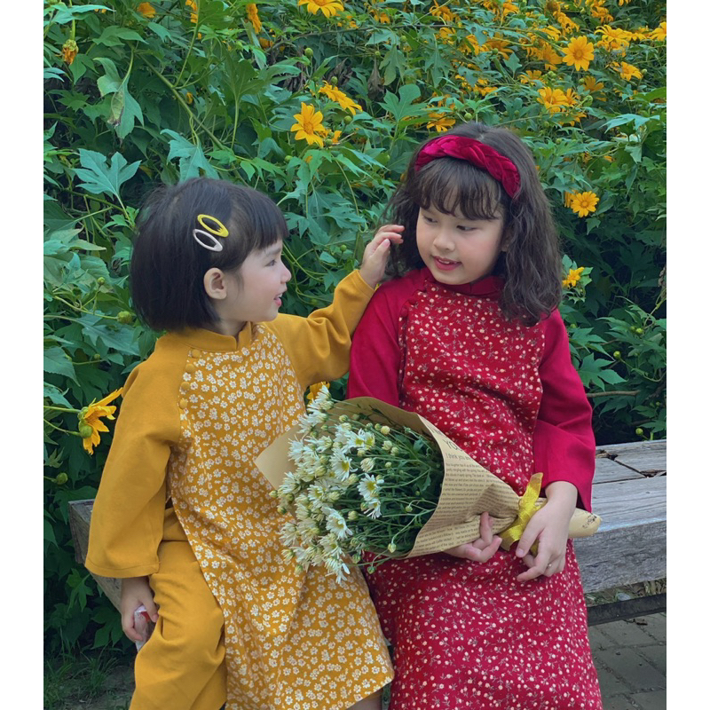 Áo Dài Bé Gái CHIPP Thô Cào Bông mix Nhung hoa vàng nhí dáng cách tân Mùa Lễ Hội Tặng Kèm Bờm Xịn Xò