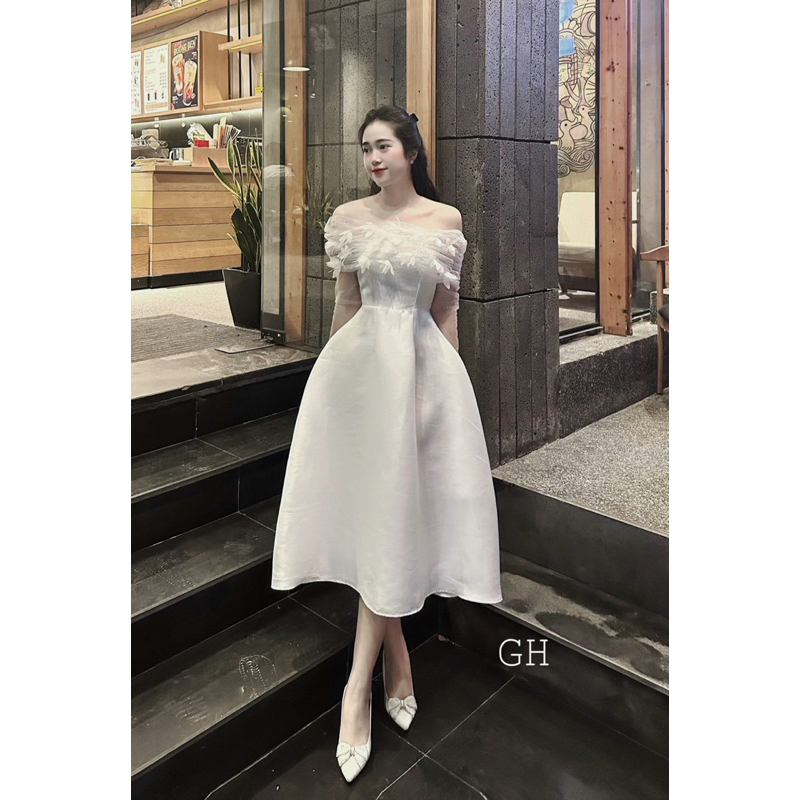 Váy taffa trễ vai phối lưới siêu xinh