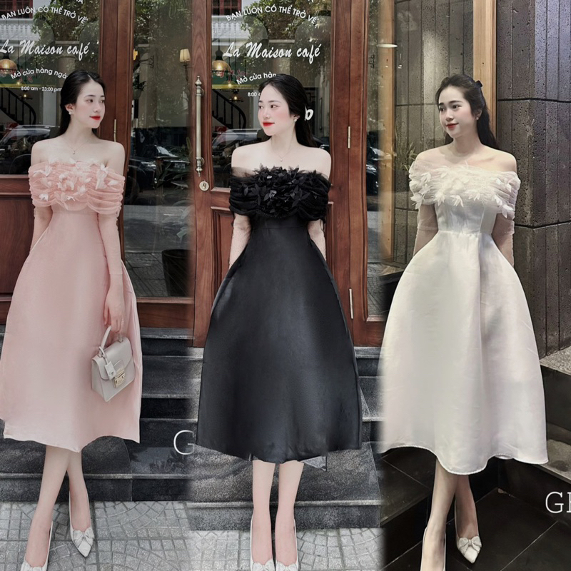 Váy taffa trễ vai phối lưới siêu xinh