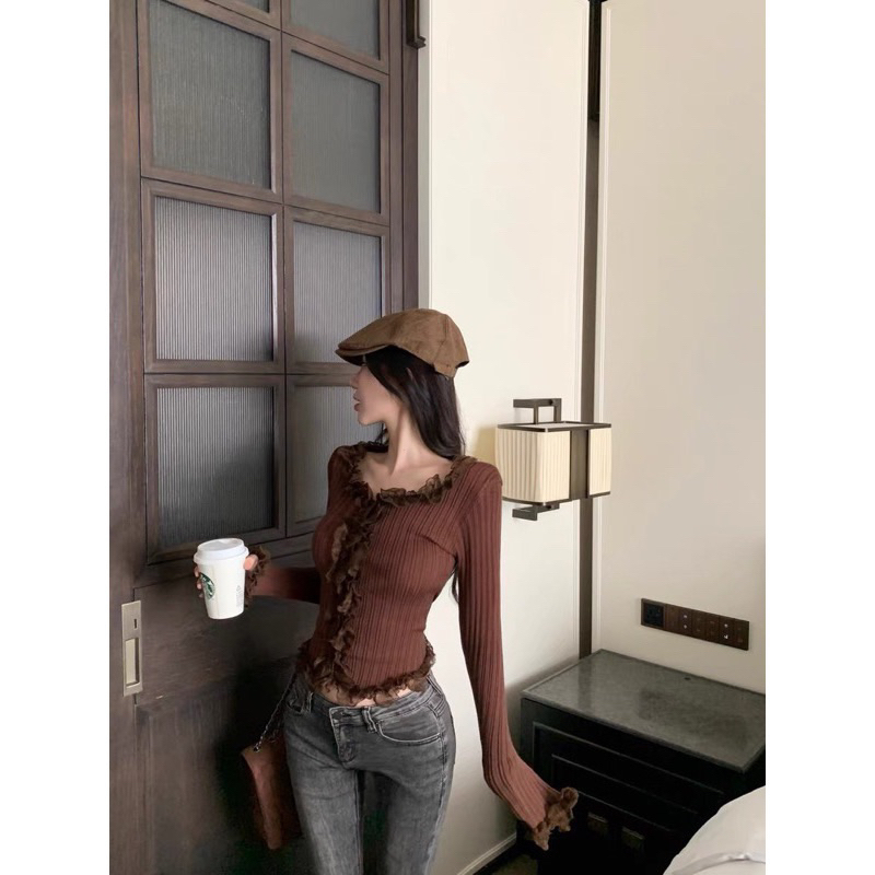 ÁO LEN GÂN PHỐI REN BÈO TAY LOE”MICHI” tiểu thư