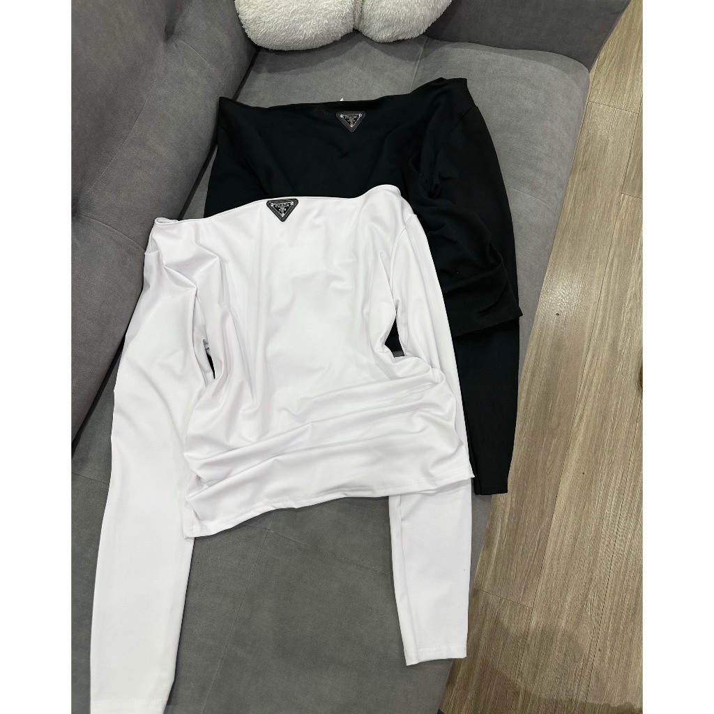 Áo Nữ, Áo Trễ Vai Bozip Panda Logo Đính Thêu 2 Màu Đen Trắng