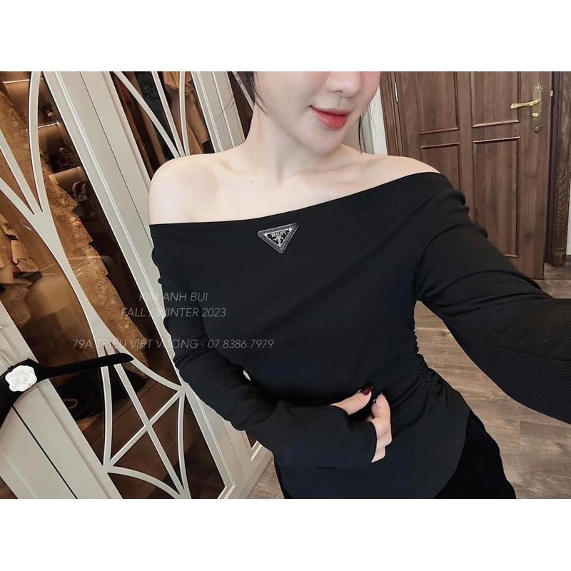 Áo Nữ, Áo Trễ Vai Bozip Panda Logo Đính Thêu 2 Màu Đen Trắng