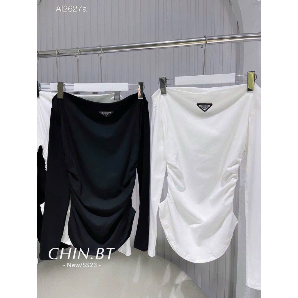 Áo Nữ, Áo Trễ Vai Bozip Panda Logo Đính Thêu 2 Màu Đen Trắng